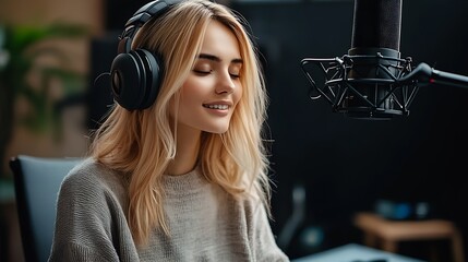Poster - Young woman enjoying music in a professional recording studio with headphones and microphone setup : Generative AI