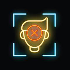 Poster - Neon icon of a face with a cross in front of it, symbolizing a face recognition failure