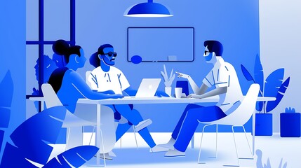 Canvas Print - A digital illustration of a collaborative meeting among three individuals in a modern workspace.