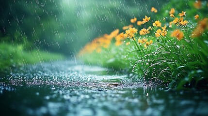 Poster - Refreshing Rain in a Meadow with Yellow Blooming Wildflowers : Generative AI