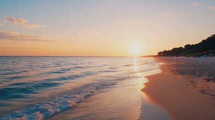 Poster - Tranquil Sunset Over Ocean and Sandy Shoreline with Reflective Water and Soft Sky : Generative AI