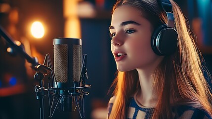 Poster - Young Solo Female Artist Recording in Studio with Headphones and Advanced Microphone : Generative AI