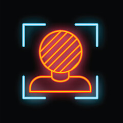 Poster - Neon icon of a face recognition software scanning a person with facial biometrics for security purposes