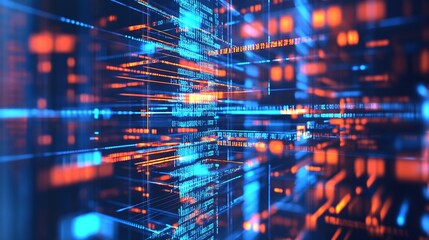 Aufkleber - Vibrant Technological Matrix with Neon Blue and Orange Light Patterns : Generative AI