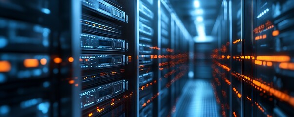 Poster - Advanced Data Center Corridor with Glowing Orange and Blue Server Racks for High Tech Networking : Generative AI