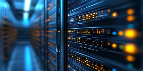 Fototapete - Illuminated Server Room with Vibrant LED Lights and Advanced Technology Racks : Generative AI