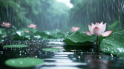 Poster - Exquisite Lotus Blossom in Rain-Soaked Pond Amidst Vibrant Green Forest : Generative AI