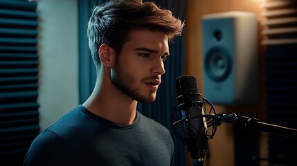 Aufkleber - Talented Male Singer Engaged in Professional Recording in Soundproof Studio : Generative AI