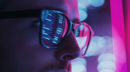 Fototapete - A person in glasses is intently observing lines of computer code illuminated by vibrant lights in a dimly lit room. The colorful hues reflect off the lenses, creating an engaging atmosphere.