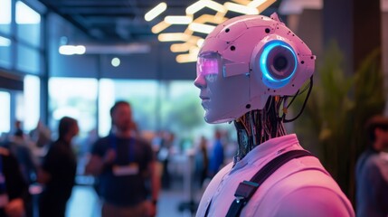 Fototapete - A futuristic humanoid robot, with glowing blue and pink accents on its head and neck, is shown at a blurry technology conference.