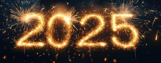 Wall Mural - 2025 written with sparkler fire, glowing golden numbers on a black background