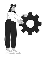 Poster - Latin american businesswoman holding gear black and white 2D line character. Hispanic woman with overweight showing cogwheel isolated vector outline person. Monochromatic spot illustration