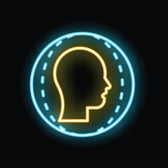 Poster - Yellow neon sign showing a human head profile inside a coin, representing the concept of artificial intelligence