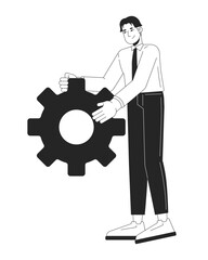 Poster - Positive asian man office worker with gear black and white 2D line character. Corporate employee male carrying mechanism detail isolated vector outline person. Monochromatic spot illustration