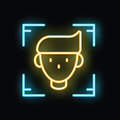 Poster - Glowing neon icon of face recognition system scanning a man with a blue frame