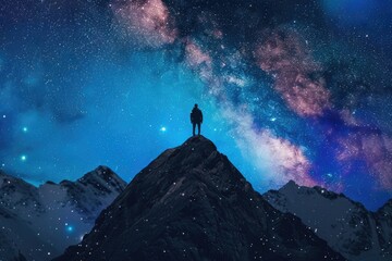 Wall Mural - mountain universe. man on top gazing into the beyond in abstract blue black background