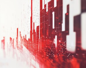Poster - Abstract digital city skyline with vivid red hues and dynamic geometric shapes representing data trends and technology in modern urban environments