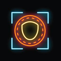 Poster - Neon sign illustrating the concept of secure transaction with a yellow shield inside a red and orange circle, all framed in blue