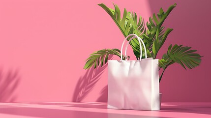 Poster - A minimalist scene featuring a white shopping bag beside a green plant against a pink background.