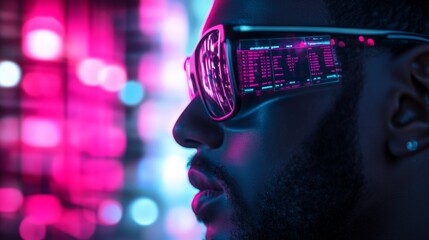 Fototapete - Close-up profile view of a person wearing glasses with a heads-up display showcasing lines of digital code.