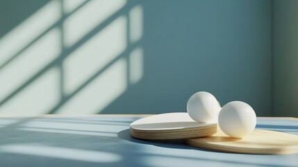 Poster - A serene composition featuring two eggs on circular plates with soft shadows.