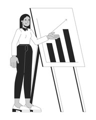 Poster - Arab woman conducting business presentation black and white 2D line character. Young female marketing specialist near whiteboard isolated vector outline person. Monochromatic spot illustration