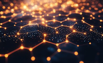 Poster - Abstract Representation of a Network of Interconnected Hexagons with Glowing Nodes on a Dark Background, Symbolizing Data Connections and Modern Technology
