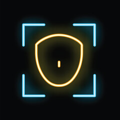 Poster - Neon shield icon glowing inside viewfinder frame representing online security and protection of personal data