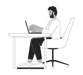 Poster - african american man working on laptop black and white 2d line character. bearded black guy at offic