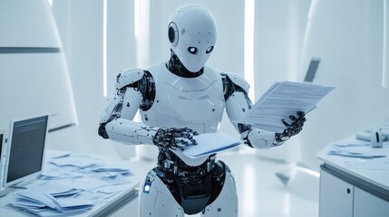 Aufkleber - A robot is holding a piece of paper and looking at it