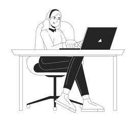 Fototapete - European woman freelancer working on laptop black and white 2D line character. Young female programmer writing code on computer isolated vector outline person. Monochromatic spot illustration