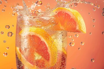 Wall Mural - Air soda with a fruit splash refreshes. Refreshing citrus drink with bubbles