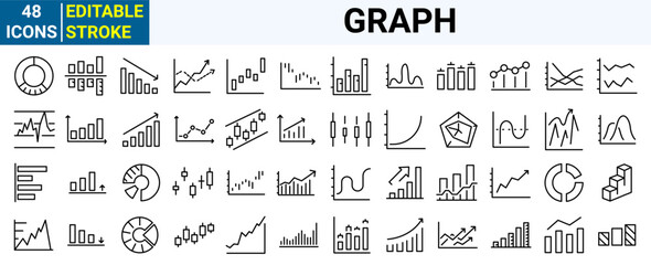 Wall Mural - Graph and charts web line icons. data elements, bar and pie, diagrams for business infographics. visualization of data statistic and analytics. vector illustration