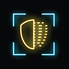 Poster - Neon half tone shield representing vulnerability in digital world with glowing lines