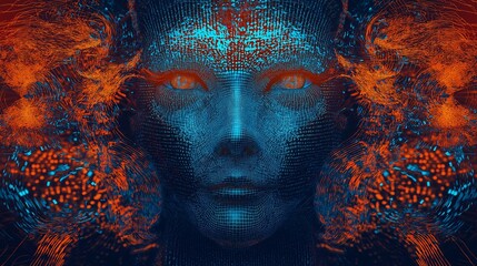 Poster - Digital Human Face, AI, Technology, Blue and Orange
