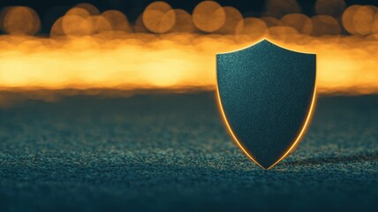 Poster - Holographic Shield Symbol Glow Front of Smartphone with Blurred Background Illuminated by Orange Light and Bokeh Effect for Futuristic Theme