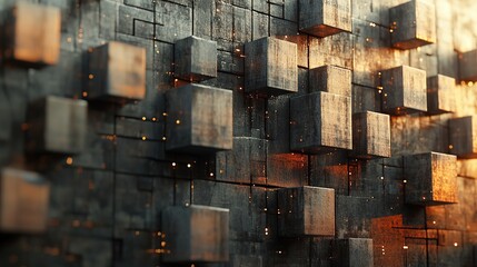 Poster - Abstract composition of cubes on a textured surface with glowing elements.
