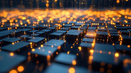 Poster - Abstract digital landscape with glowing cubes and lights.