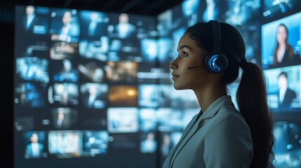 Aufkleber - A young woman wearing a headset intently observes a large video wall displaying numerous simultaneous video feeds. The scene is set in a darkened control room late at night.