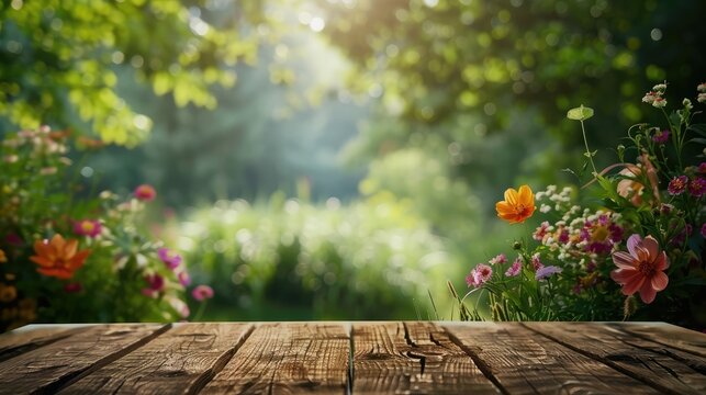 Summer flowers on a brown wooden table with space for text isolated in the background.
