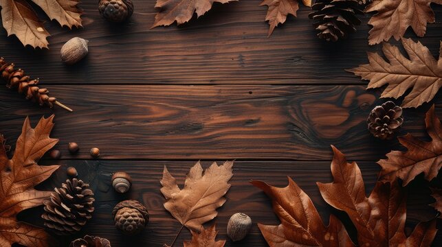 Thanksgiving background with colorful fall leaves, acorns and pine cones on a rustic wooden table. Top view with lots of copy space.