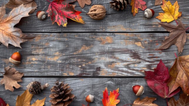 Thanksgiving background with colorful fall leaves, acorns and pine cones on a rustic wooden table. Top view with lots of copy space.