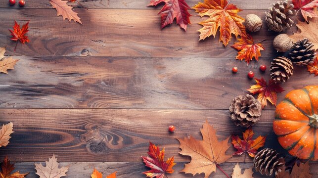 Thanksgiving background with colorful fall leaves, acorns and pine cones on a rustic wooden table. Top view with lots of copy space.