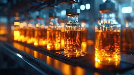 Poster - Bottles filled with amber liquid on a production line in a factory setting.