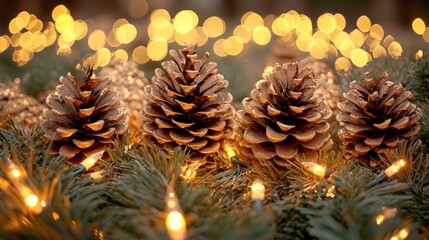 Wall Mural - Festive Golden Pinecones with Warm Lights Christmas Decor