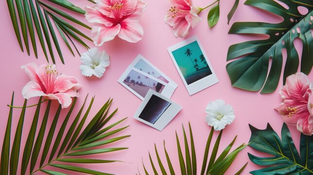 Spring summer concept, top view still life with polaroid image format.