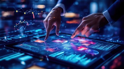 Poster - Hands interacting with a digital tablet displaying data and analytics.