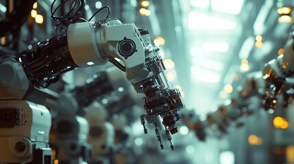 Poster - Industrial robots working in a modern factory setting with advanced technology.