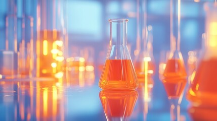 Poster - Laboratory scene with glowing glassware containing orange liquid.