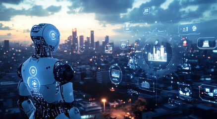 Aufkleber - A robot with artificial intelligence stands in front of the skyline and displays various icons on its screen, such as an office building or network connections.